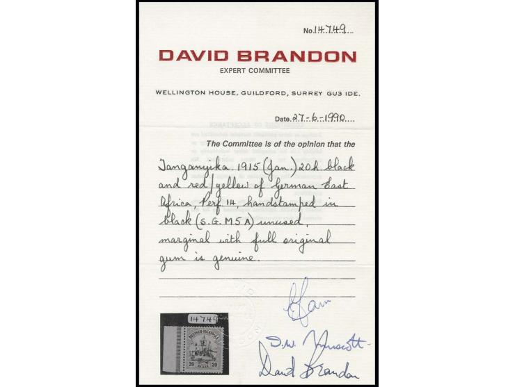 1915, black overprint: 20 h. black and red/yellow with left sheet margin, unhinged mint, very fine, certificate Brandon