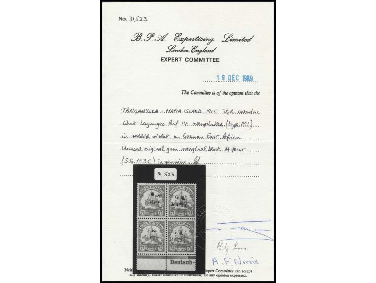 7 ½ h. carmine , block of four with lower sheet margin, unhinged mint, very fine, singed Kilian and certificate BPA