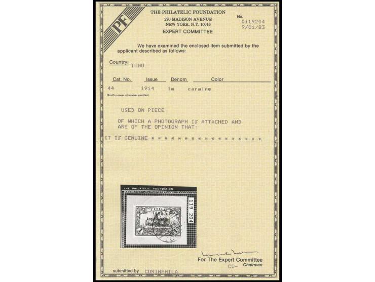 1 m. carmine tied by cds. "LOME 30.9.14" to piece, very fine, certificate PF