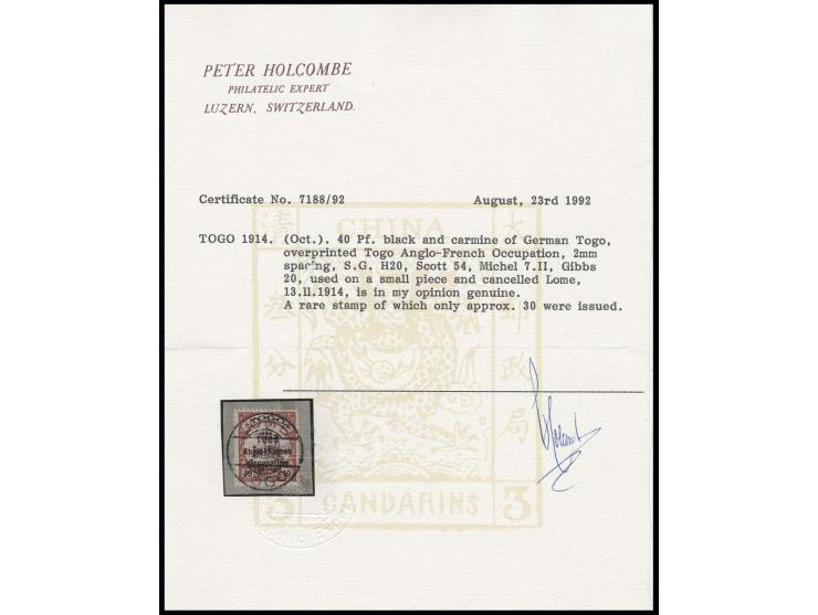 40 pfg. tied by clear cds. "LOME 13.11.14" to piece, fine, certificate Holcombe
