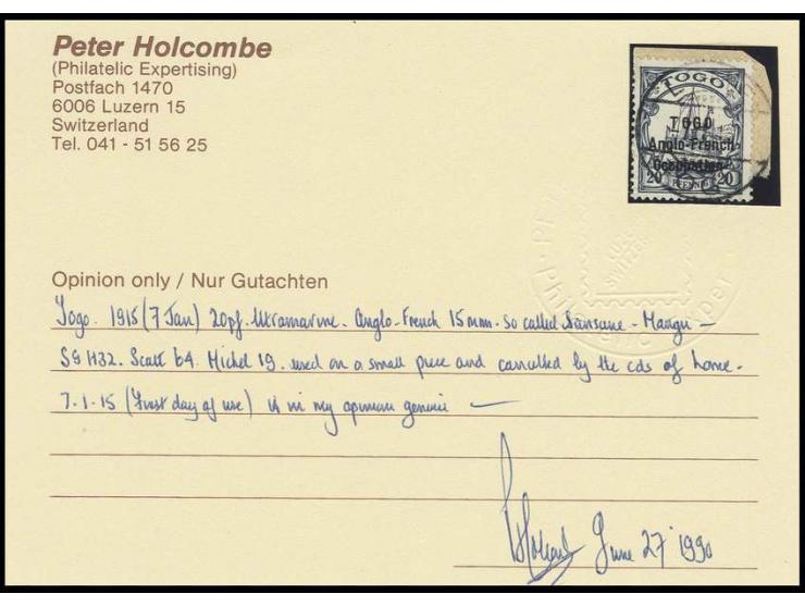 20 pfg. tied by cds. to small piece, very fine, signed Holcombe with certificate
