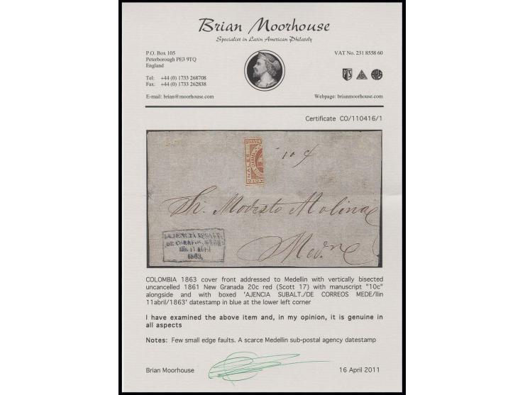 1861, Nueva Granada 20 c. red, vertical bisect used on cover front with adjacent blue boxed "AJENCIA SUBALT./DE CORREOS MEDE/