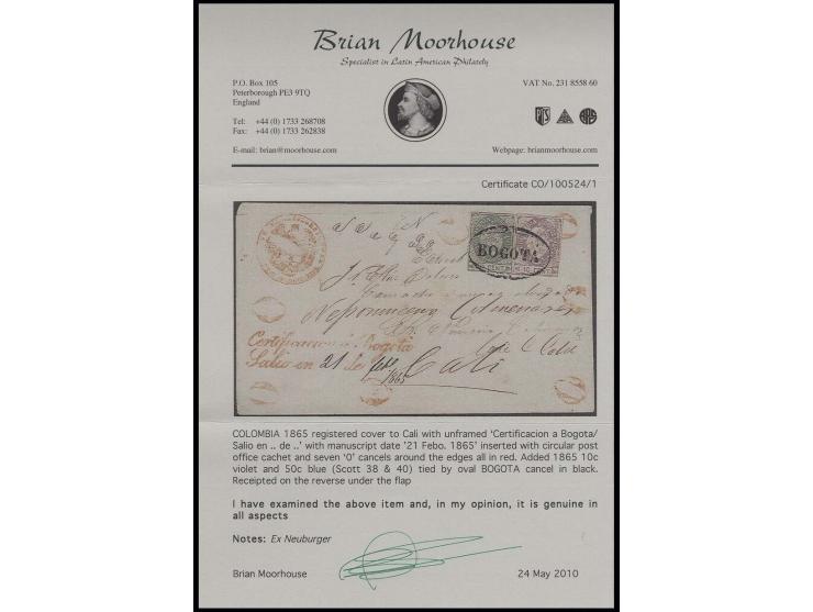 50 c. green with large figures together with 10 c. violet, tied by oval "BOGOTA" to registered envelope with adjacent red "Ce