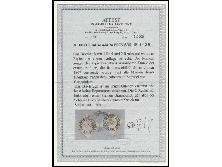 GUADALAJARA: 1867, un real and 2 r., both on white paper of the first printing, tied by fancy cancel of Guadalajara to piece,