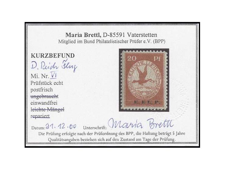 1912, Flugpost am Rhein und Main: 10-30 Pfg. kpl. sowie E.EL.P. 20 Pfg., postfrisch, Kabinett, für letztere Fotokurzbefund Br