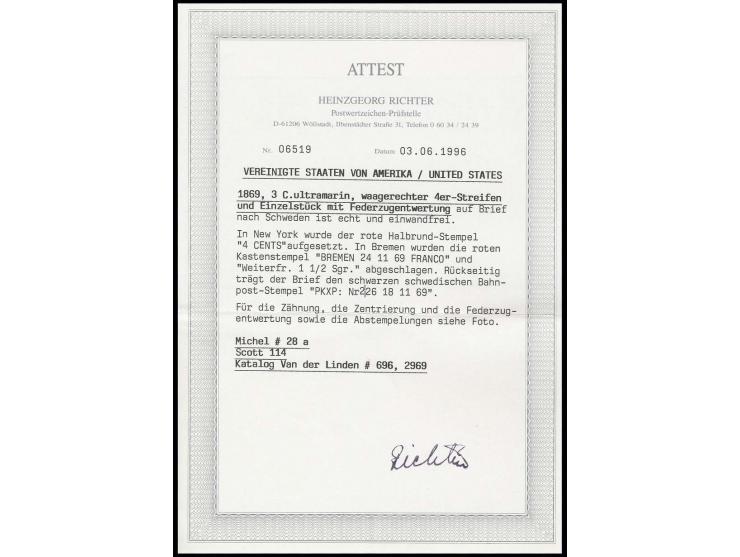 3 C. blau, waagerechter 4er-Streifen und Einzelstück mit handschriftlicher Entwertung auf Briefkuvert über New York mit Verre