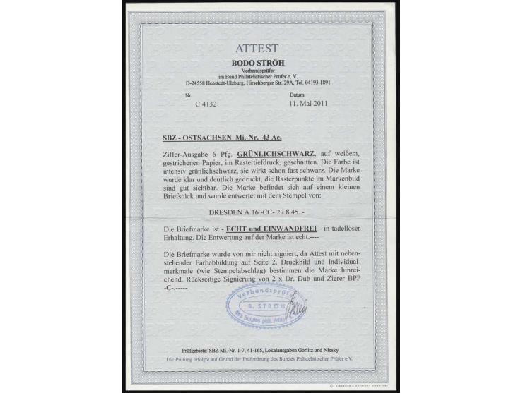 Ziffern geschnitten: 6 Pfg. grünschwarz in intensiver Farbe, mit Stempel "DRESDE(N) 27.8.45" auf kleinem Briefstück, Fotoatte