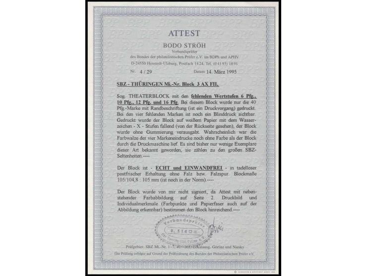 1946, Theaterblock mit den fehlenden Wertstufen 6 Pfg., 10 Pfg., 12 Pfg. und 16 Pfg., ungummiert wie verausgabt, Fotoattest S