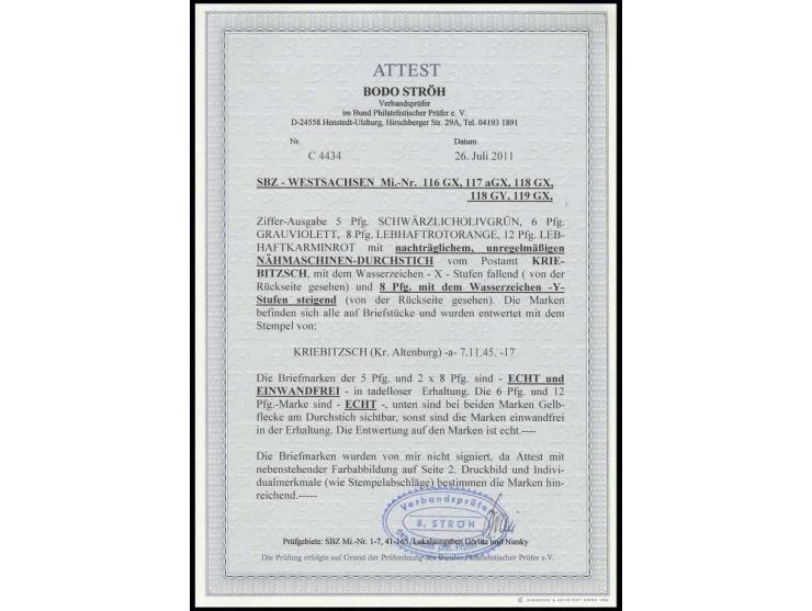 5-12 Pfg. kpl., dabei 8 Pfg. mit beiden Wz., jeweils gestempelt "KRIEBITZSCH 7.11.45" auf Briefstücken, 6 und 12 Pfg. unten i