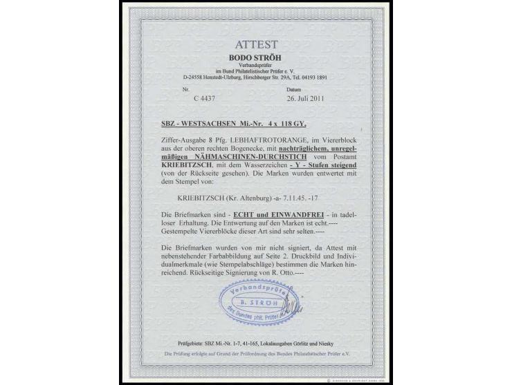 8 Pfg. mit Wz. steigend im 4er-Block aus der rechten oberen Bogenecke mit zentrischem Stempel "KRIEBITZSCH 4.11.45", sehr sch