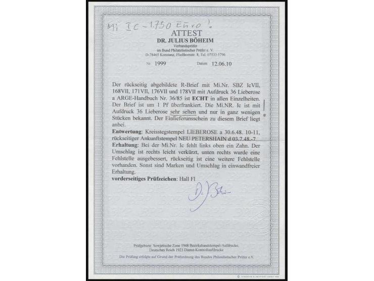  "36 Lieberose" auf Ziffer 6 Pfg. und auf Arbeiter 8, 15, 30 und 50 Pfg. mit Stempel "LIEBEROSE 30.6.48" auf  minimal überfra