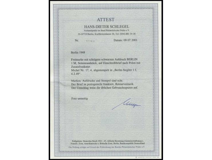 1 M. mit rechtem Rand und 10 Pfg. als portogerechte Frankatur auf Einschreibe-Brief von "BERLIN-STEGLITZ 1/4.12.49" nach Kosl