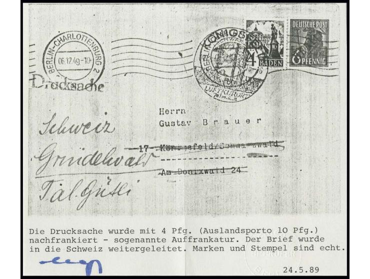 6 Pfg. auf Drucksachenumschlag von "BERLIN-CHARLOTTENBURG 6.12.49" nach Königsfeld, dort Nachsendung mit Baden Freimarke 4 Pf