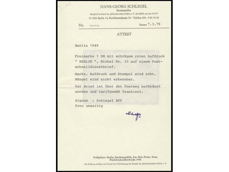 1 M. als portogerechte Einzelfrankatur auf Postschnelldienst-Brief von "BERLIN-CHARLOTTENBURG 22.4.49" nach Berlin SO 36 mit 