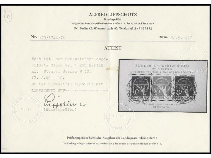 dito, mit Ersttagssonderstempel, sign. Lippschütz BPP mit Fotoattest (1976) (Mi. 2.200,-)