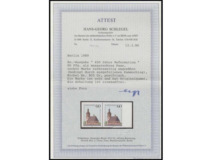 1989, 450 Jahre Reformation 60 Pfg., rechts sowie waagerecht hälftig ungezähnt, im waagerechten Paar mit Normalmarke, dazu Ma