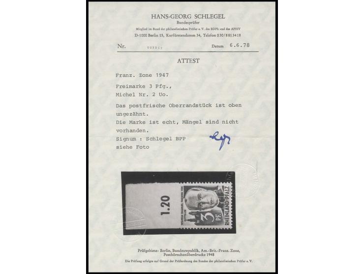 3 Pfg., oben ungezähnt vom Oberrand, postfrisch, kleiner Gelbfleck, sign. und Fotoattest Schlegel BPP