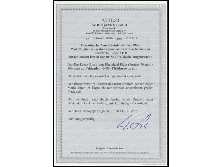 1949, Rot-Kreuz-Block mit fehlender 40 Pfg., ungummiert wie verausgabt; im Bereich des roten Kreuzes der fehlenden Marke unme