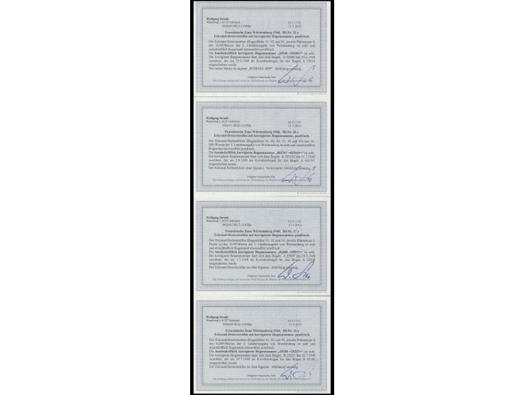 8, 10, 16 und 30 Pfg. je im waagerechten 3er-Streifen bzw. 6er-Block aus der linken unteren Bogenecke mit handschriftlich kor