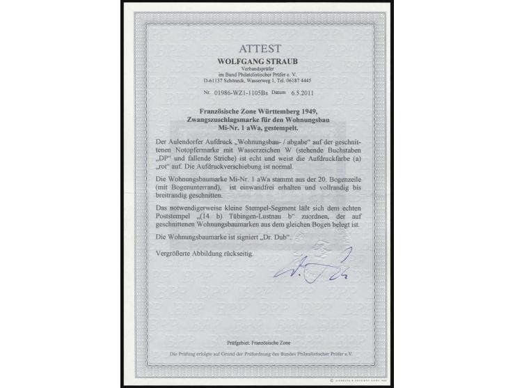 ZWANGSZUSCHLAGSMARKEN: 1949, 2 Pfg. breitrandig geschnittenes Unterrandstück mit Wz. "W", sauber gestempelt, Fotoattest Strau