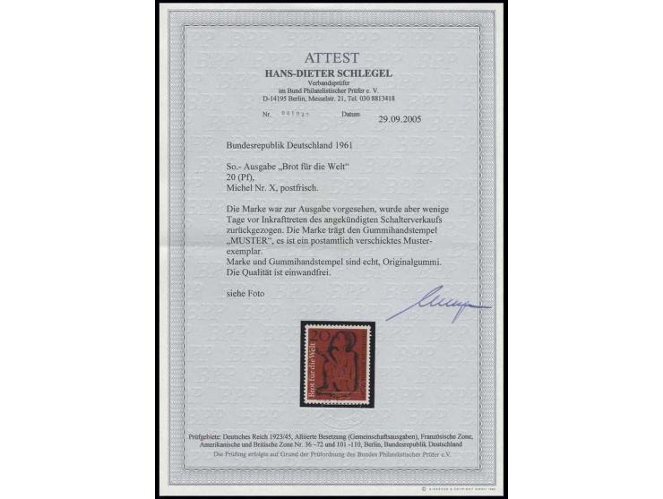 "Brot für Welt" 20 Pfg. braunrot/schwarz, postfrisch mit obligatorischem Handstempel "Muster", einwandfrei, Fotoattest Schleg