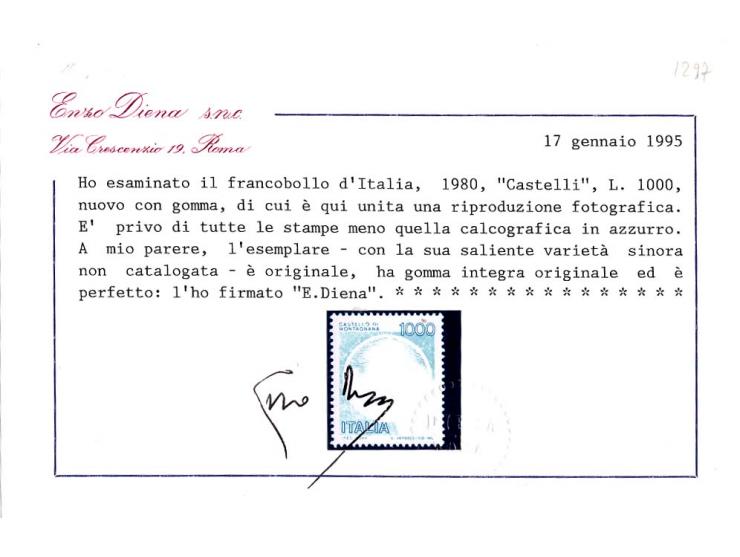 1980, Burgen 1000 L. ohne Zeichnung des Mittelstücks, 5 Stück, postfrisch, jeweils Fotoattest Enzo Diena (Mi.-Nr. 1724)