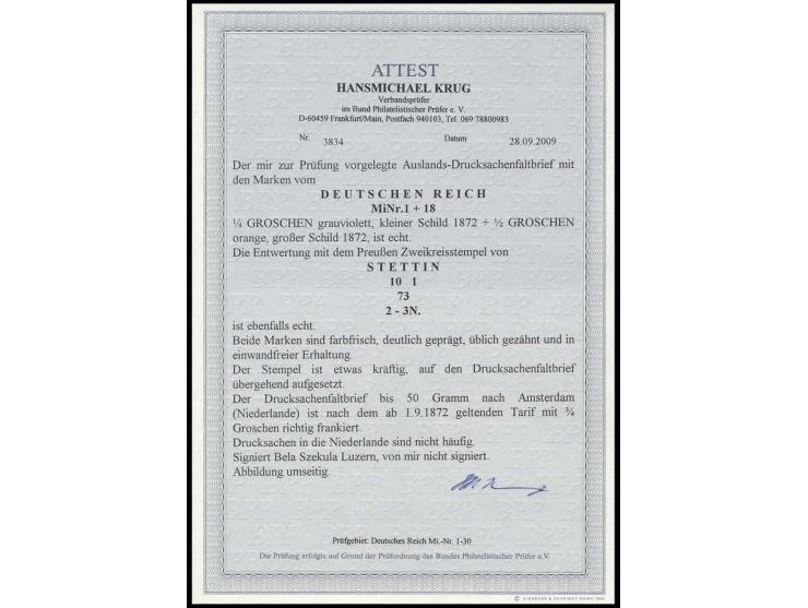 1/4 Gr. grauviolett in Mischfrankatur mit Großer Schild 1/2 Gr. orange mit Stempel "STETTIN 10.1.73" als portogerechte Franka