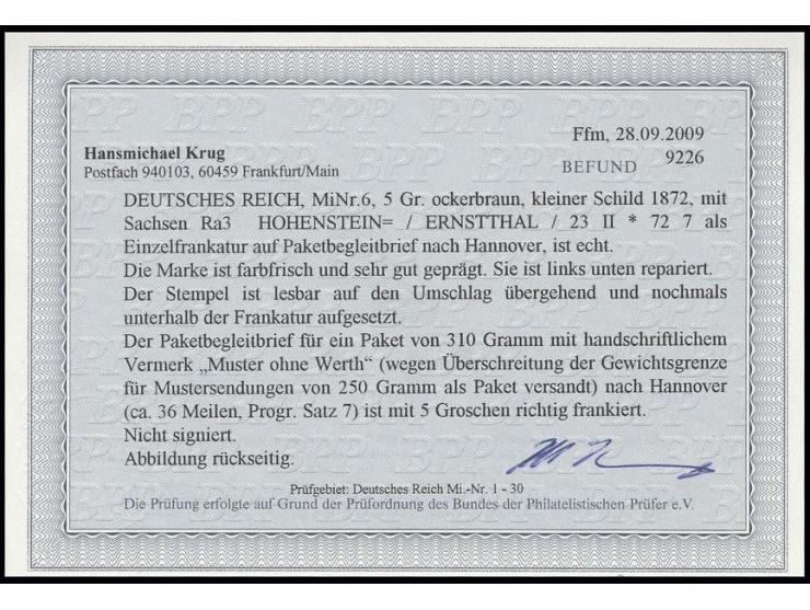 5 Gr. ockerbraun auf Paketbegleitbrief mit Gewichtsangabe 310 g. von "HOHENSTEIN-ERNSTTHAL 23.II.72" mit handschriftlichem Ve