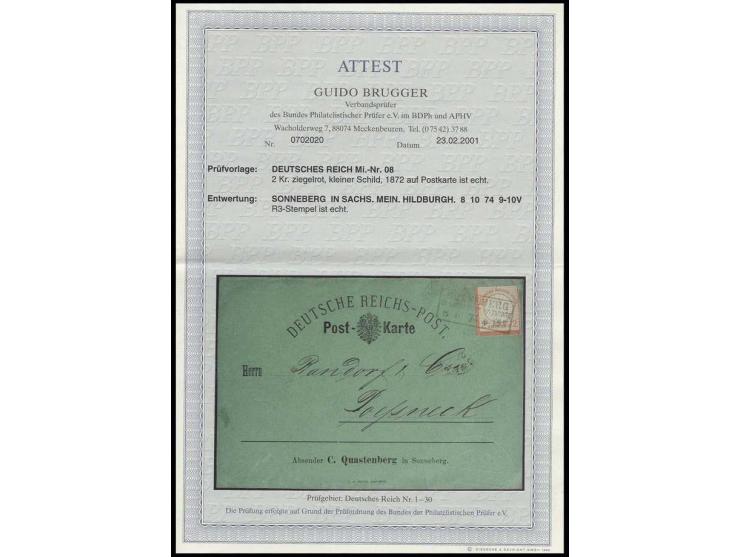 2 Kr. ziegelrot mit Ra3 "SONNEBERG / IN SACHS. MEIN. HILDBURGH. / 8 10 74" auf grünem privaten Kartenformular, leichte Alters