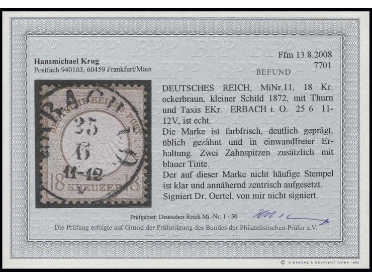 18 Kr. ockerbraun, farbfrisch in einwandfreier Erhaltung mit zentrisch sauber aufgesetztem Taxis-EKr. "ERBACH i. O. 25 6", Ka