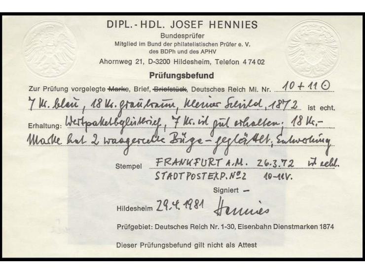 18 Kr. ockerbraun und 7 Kr. ultramarin mit Ra3 "FRANKFURT A.M. 26 3 72" auf Wertpaketbegleitbrief nach Würzburg; 2 Büge durch