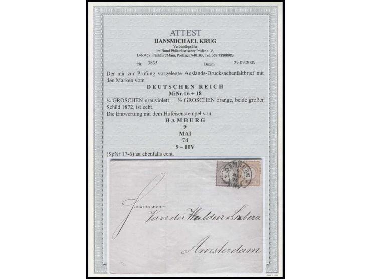1/4 Gr. grauviolett und 1/2 Gr. orange mit Hufeisenstempel "HAMBURG 9.5.74" (Spalink 17-6) als portogerechte Frankatur auf kp