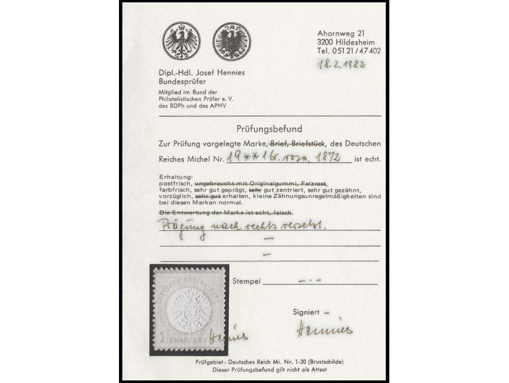 1 Gr. karmin, farbfrisch, gut gezähnt, Prägung leicht nach rechts versetzt, postfrisch, leichte Alterstönung, Befund Sommer B