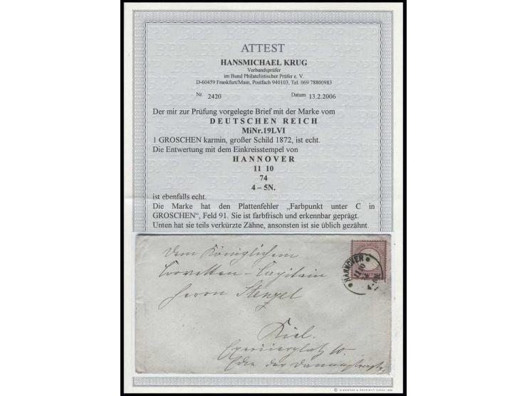 1874, 1 Gr. mit EKr. "HANNOVER 11 10 74" auf Brief "An den königlichen Corvetten-Capitain Herrn Stenzel" nach Kiel, seltener 
