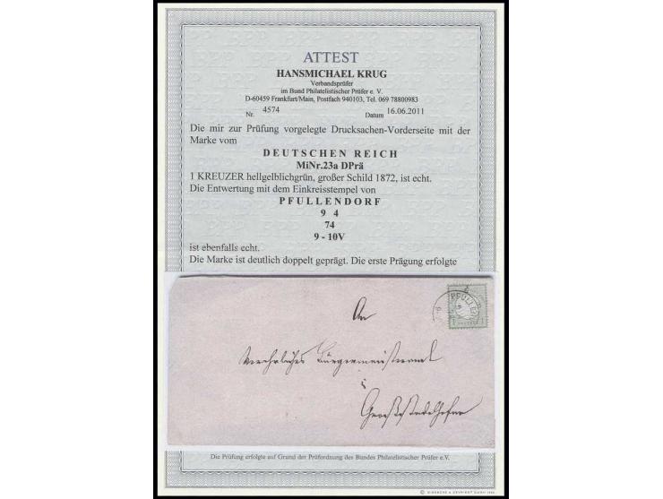 1 Kr. grün mit deutlicher Doppelprägung, farbfrisch, gut geprägt und sehr gut gezähnt mit klarem EKr. "PFULLENDORF 9 4 74" au