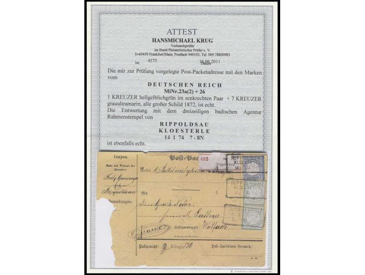 1 Kr. grün im senkrechten Paar und 7 Kr. grauultramarin mit Ra3 "RIPPOLDSAU KLOESTERLE 14 1 74" auf Paketadresse (mit Coupon,