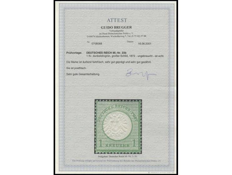 1 Kr. dunkelolivgrün, postfrisch, sehr gut geprägt und farbfrisch, Kabinett, Fotoattest Brugger BPP (Mi. 1.600,-)