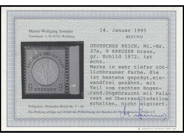 9 Kr. rötlichbraun mit Teil vom rechten Bogenrand, ungebraucht, Pracht, Fotobefund Sommer BPP