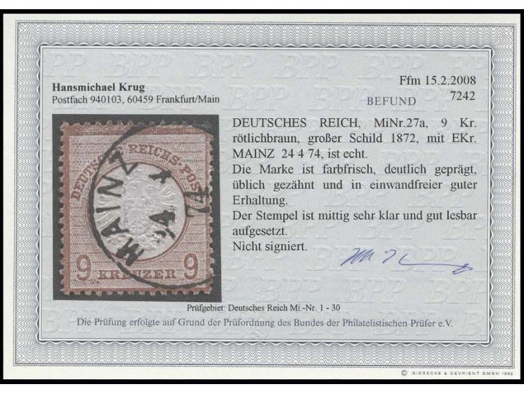 9 Kr. rötlichbraun, deutlich geprägt und farbfrisch mit EKr. "MAINZ 24 4 74", Pracht, Fotobefund Krug BPP (Mi. 550,-)