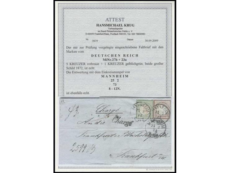 9 Kr. rotbraun und 1 Kr. gelblichgrün mit EKr. "MANNHEIM 25.2.73" als portogerechte Frankatur auf Einschreibe-Faltbriefhülle 