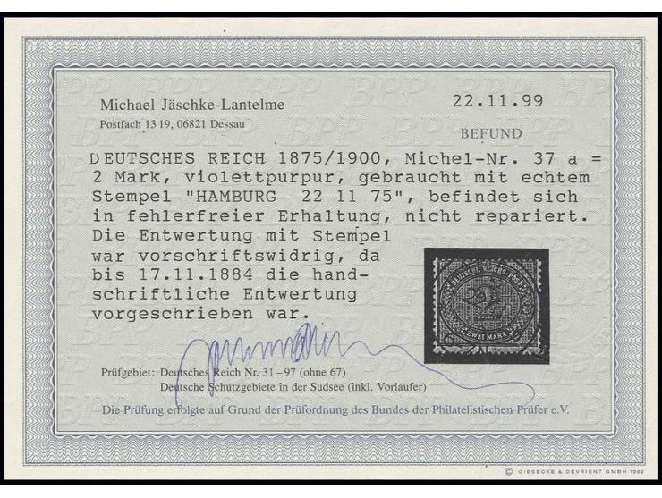 2 M. violettpurpur mit zentrischem Stempel "HAMBURG 22.11.75", Kabinett, Fotobefund Jäschke-L. BPP (Mi. 450,-)