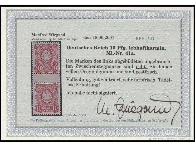 1880, Pfennig: 10 Pfg. lebhaftkarmin im senkrechten Zwischenstegpaar, postfrisch, Pracht, Fotobefund Wiegand BPP (Mi. 500,-)