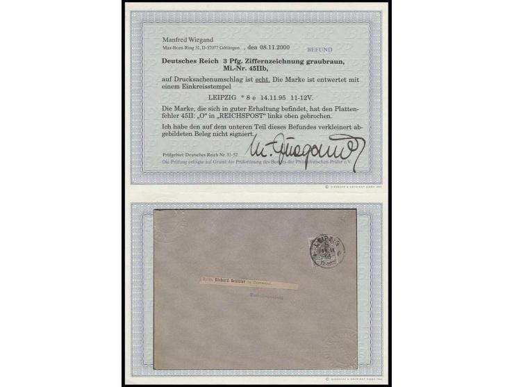 3 Pfg. graubraun mit Plattenfehler "O in REICHSPOST links oben gebrochen" auf Drucksachen-Umschlag von "LEIPZIG 14.11.95" nac