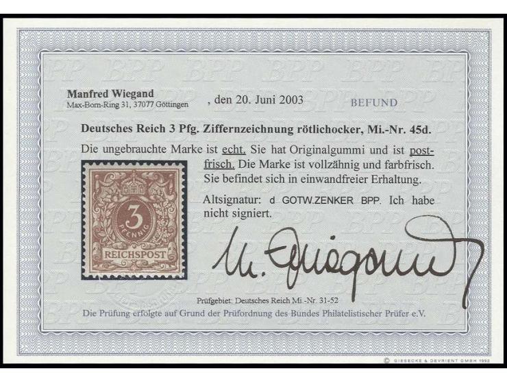 3 Pfg. rötlichocker, postfrisch, Kabinett, Fotobefund Wiegand BPP (Mi. 500,-)