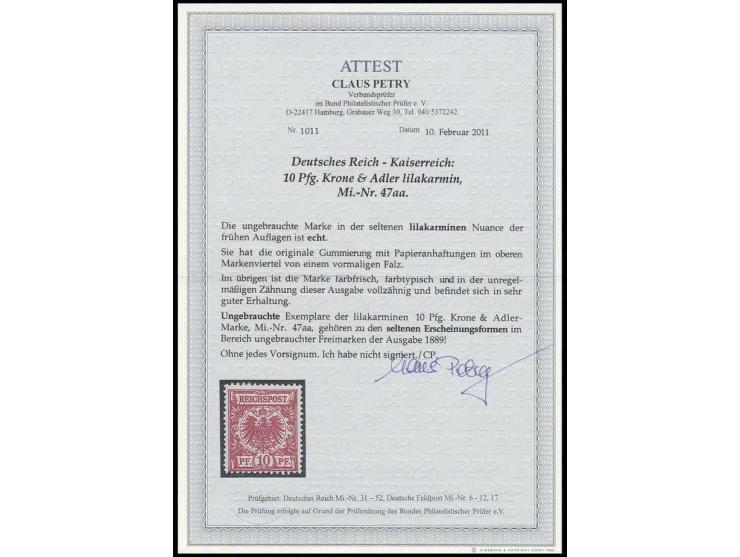 10 Pfg.lilakarmin, ungebraucht, Pracht, eine seltene Marke, Fotoattest Petry BPP