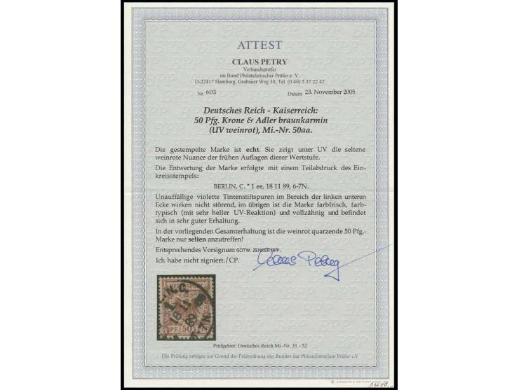 50 Pfg. braunkarmin mit klarem Abschlag "BERLIN 18.11.89", sehr farbfrisches und gut gezähntes Kabinettstück mit kleinen viol