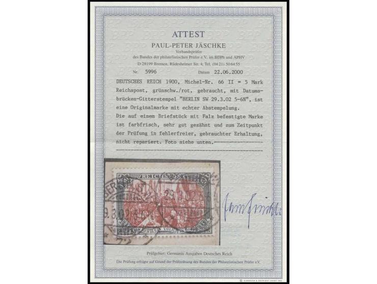 5 M. in Type II, sauber gestempelt "BERLIN SW 29.3.02" auf Briefstück (zur Kontrolle gelöst), Kabinett, Fotoattest Jäschke BP