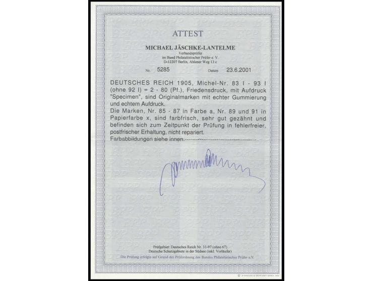 1905/13, Friedensdruck: 2-80 Pfg., bis auf 60 Pfg. kpl. mit jeweils Aufdruck "Specimen" postfrisch, Kabinett, Fotoattest Jäsc