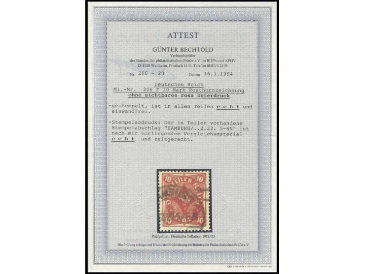 Posthorn 10 M. ohne sichtbaren rosa Unterdruck, sauber gestempelt, Pracht, Fotoatteste Bechtold und Oechsner BPP