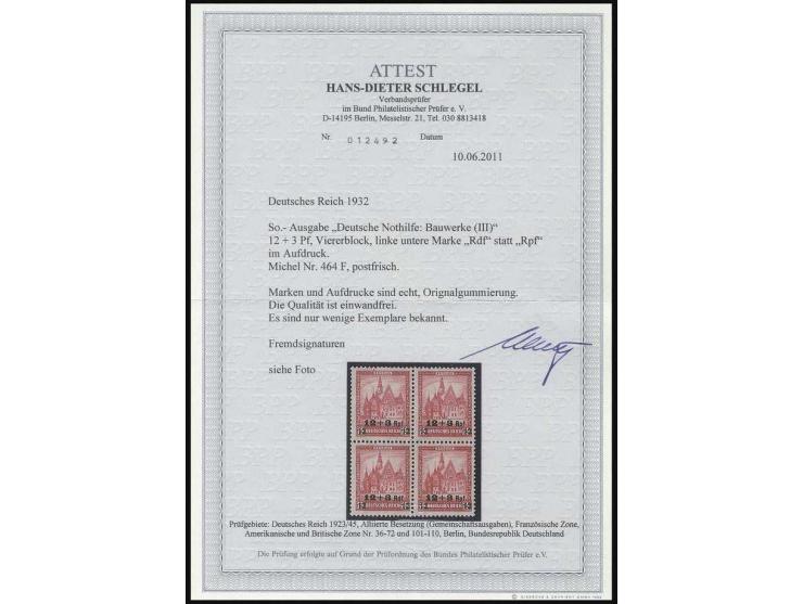 1932, Nothilfe 12 Pfg. mit dem seltenen Aufdruckfehler "Rdf", postfrisch innerhalb eines 4er-Blocks mit 3 Normalwerten (die 2